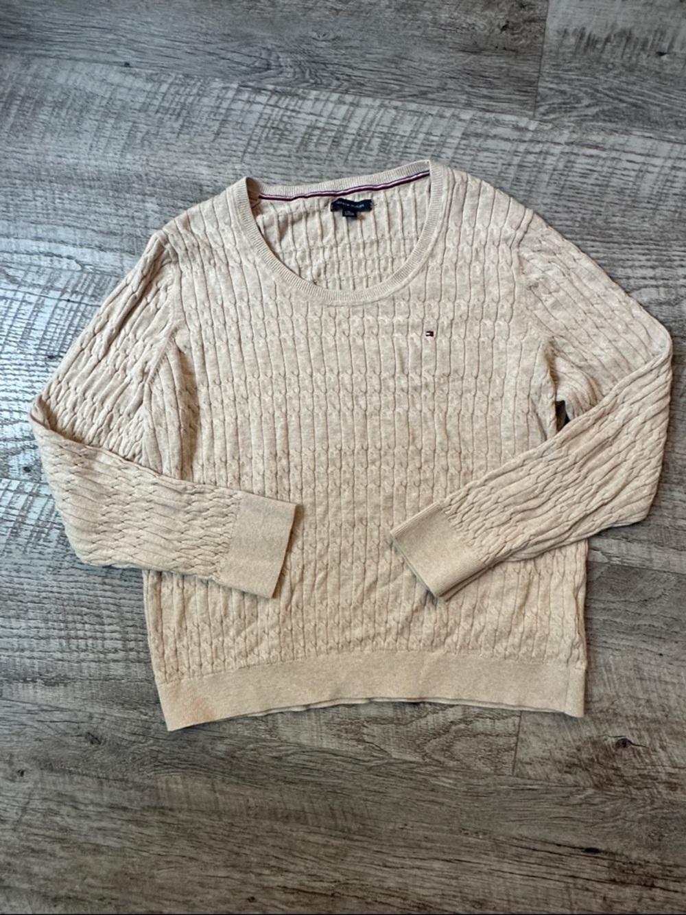 Tommy Hilfiger Beige Cable Knit Scoop Neck Sweater
